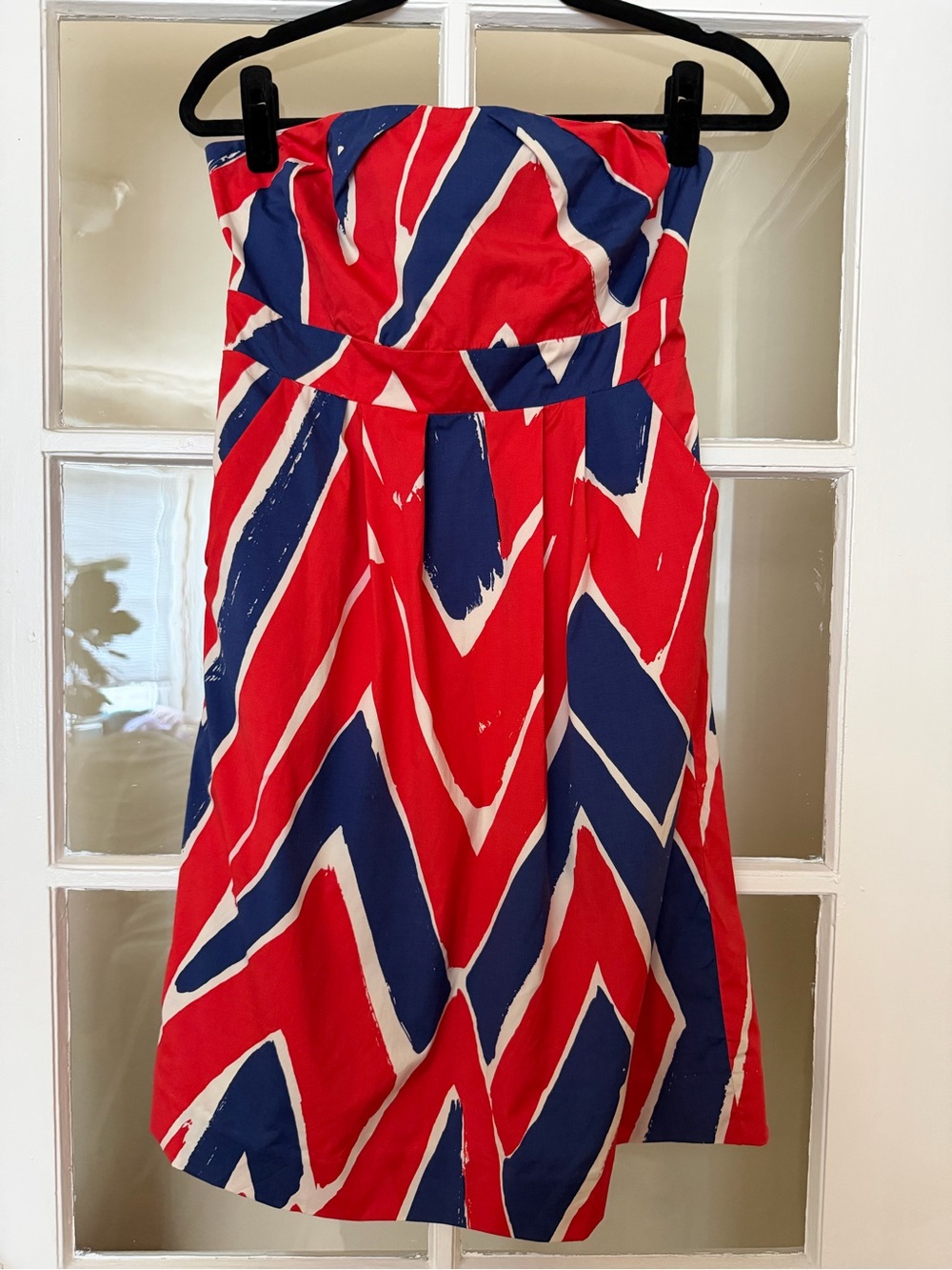 Anthropologie Strapless Red, Blue & White Chevron Dress